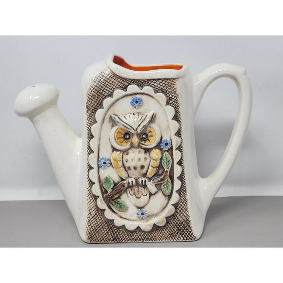 Vintage Hand Painted Ceramic Owl Watering Can Planter Vase Ceramic By Nell‎ - Picture 1 of 10